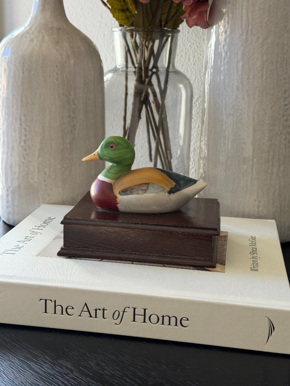 Vintage Wooden Box/ Card Holder with Ceramic Painted Mallard Duck